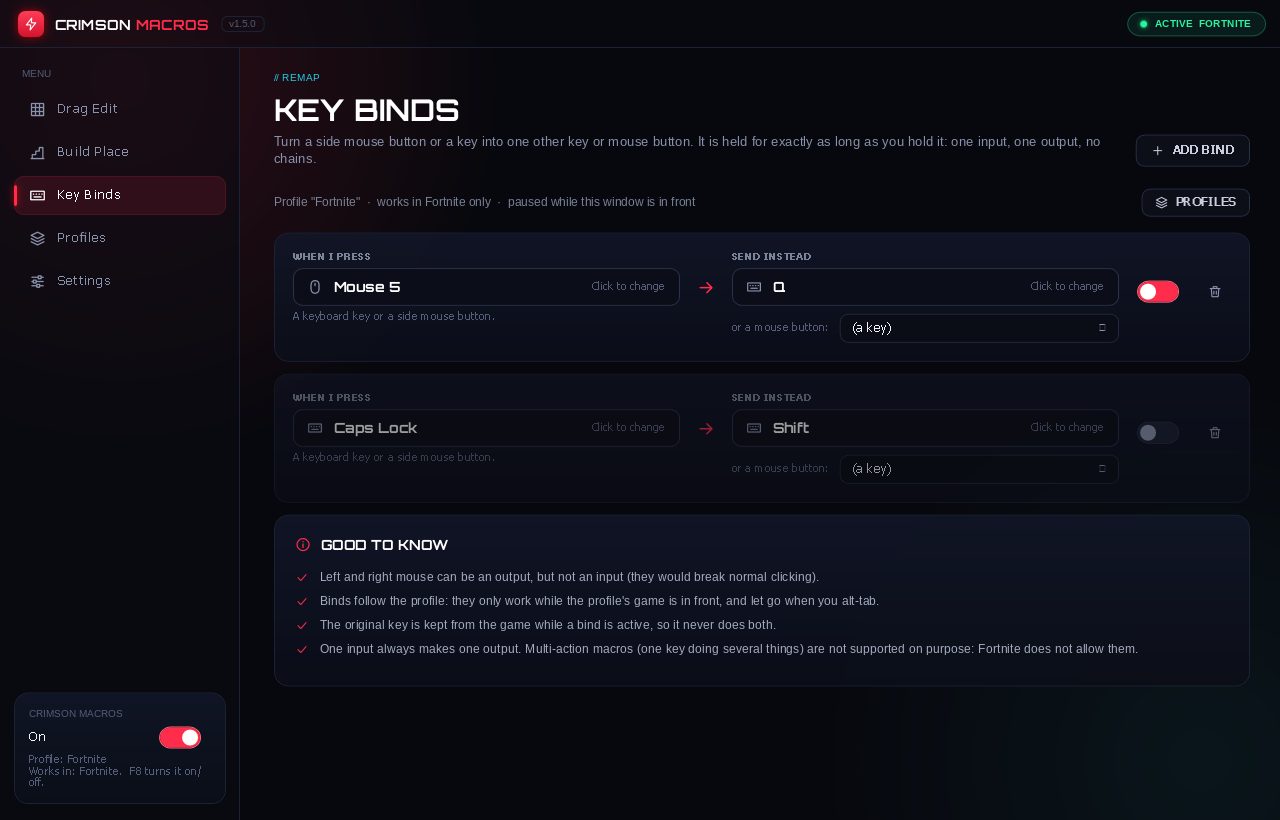 Crimson Macros: Key Binds page